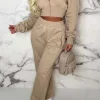 San Fran Dreaming Beige Embroided Cropped Baseball Collar Two Piece Loungewear Set