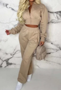 San Fran Dreaming Beige Embroided Cropped Baseball Collar Two Piece Loungewear Set