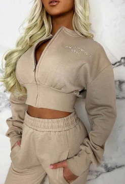 San Fran Dreaming Beige Embroided Cropped Baseball Collar Two Piece Loungewear Set