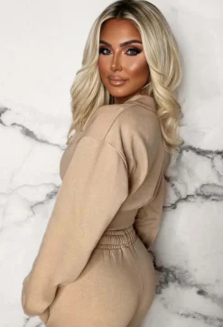 San Fran Dreaming Beige Embroided Cropped Baseball Collar Two Piece Loungewear Set