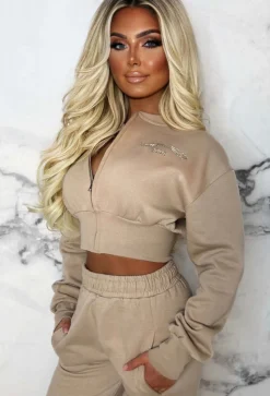 San Fran Dreaming Beige Embroided Cropped Baseball Collar Two Piece Loungewear Set