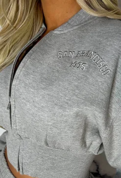 San Fran Dreaming Grey Marl Embroided Cropped Baseball Collar Two Piece Loungewear