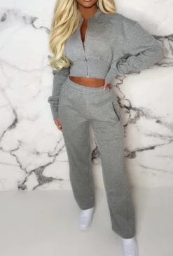San Fran Dreaming Grey Marl Embroided Cropped Baseball Collar Two Piece Loungewear