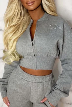 San Fran Dreaming Grey Marl Embroided Cropped Baseball Collar Two Piece Loungewear