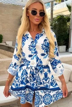 Santorini Dream White Porcelain Print Belted Mini Shirt Dress