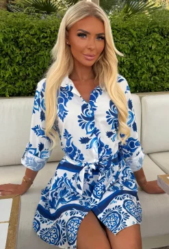 Santorini Dream White Porcelain Print Belted Mini Shirt Dress