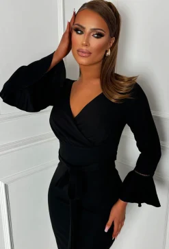 Sassy Siren Black Wrap Bodice Flared Sleeve Dress