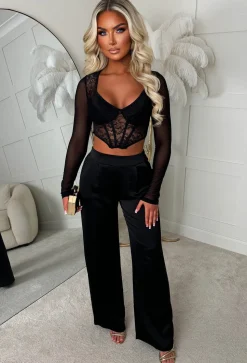 Satin Days Black Satin Elasticated Wide Leg Trousers