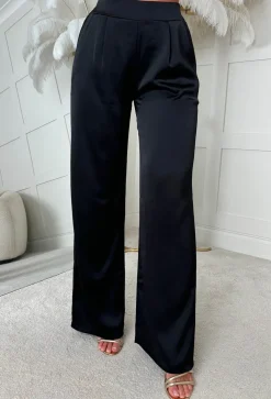 Satin Days Black Satin Elasticated Wide Leg Trousers