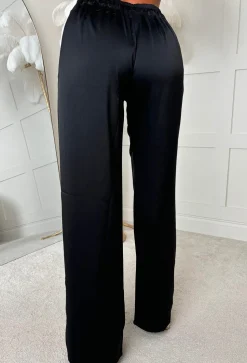 Satin Days Black Satin Elasticated Wide Leg Trousers