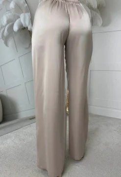 Satin Days Champagne Satin Elasticated Wide Leg Trousers