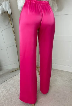 Satin Days Hot Pink Satin Elasticated Wide Leg Trousers