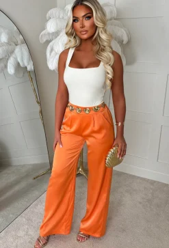 Satin Days Orange Satin Elasticated Wide Leg Trousers