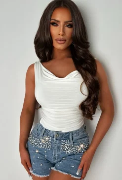 Seductive Denim Light Wash Denim Diamante Shorts