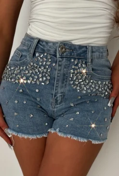 Seductive Denim Light Wash Denim Diamante Shorts
