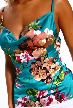 Seville Senorita Teal Floral Cowl Neck Cami Top