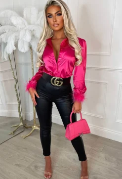 She's Got It All Hot Pink Feather Trim Satin Shirt