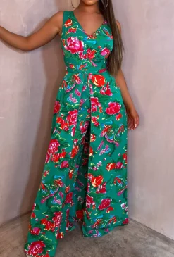 She's So Fancy Multi Rose Print Ruched Waist Over Skirt Jumpsuit