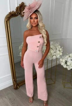 Slay Bae Pink Button Bandeau Jumpsuit