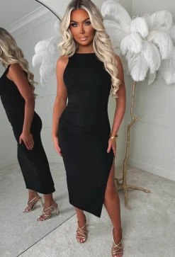 Slay Era Black Side Split Slash Neck Dress