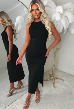 Slay Era Black Side Split Slash Neck Dress