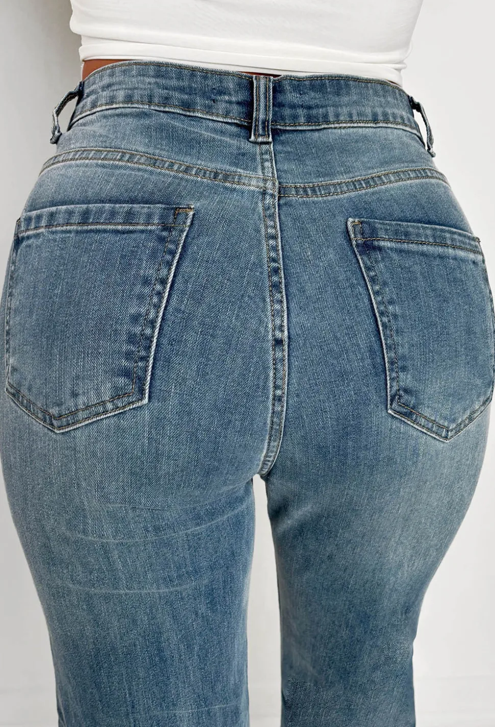 Slim Pickings Mid Wash Stitch Seamed Stretch Straight Leg Jeans