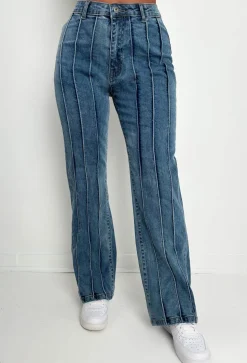 Slim Pickings Mid Wash Stitch Seamed Stretch Straight Leg Jeans
