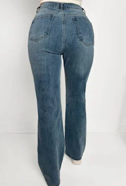Slim Pickings Mid Wash Stitch Seamed Stretch Straight Leg Jeans