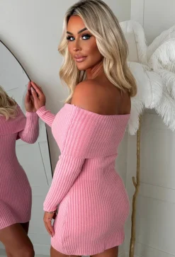 So Cosy Baby Pink Bardot Ultra Soft Mini Knitted Dress