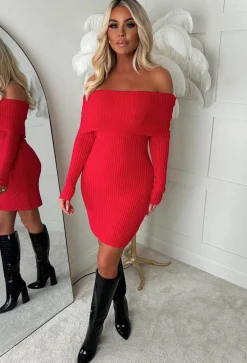So Cosy Red Bardot Ultra Soft Knitted Dress