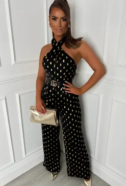 Star Crossed Black Foil Spot Halterneck Jumpsuit