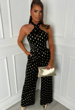 Star Crossed Black Foil Spot Halterneck Jumpsuit