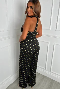 Star Crossed Black Foil Spot Halterneck Jumpsuit