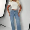 Star Power Mid Wash Embroidered Detail Straight Leg Jeans