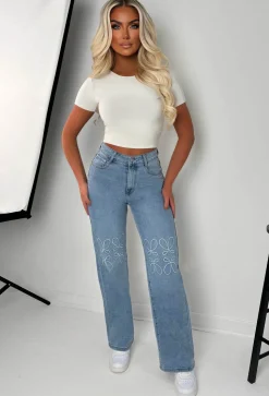 Star Power Mid Wash Embroidered Detail Straight Leg Jeans