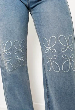 Star Power Mid Wash Embroidered Detail Straight Leg Jeans