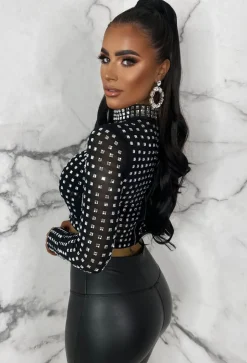 Starlit Black Diamond Gem Sheer Mesh Long Sleeve Top