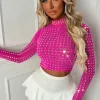 Starlit Hot Pink Diamond Gem Sheer Mesh Long Sleeve Top