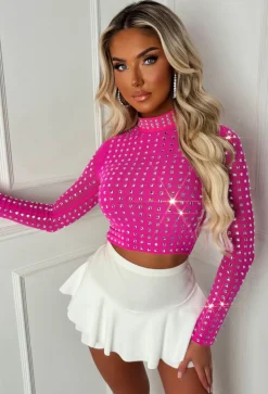 Starlit Hot Pink Diamond Gem Sheer Mesh Long Sleeve Top