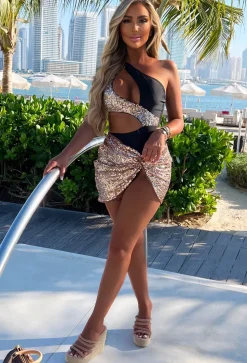 Stay Golden Rose Gold Full Sequin Knot Detail Mini Skirt