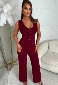 Stay Trending Wine Knitted Waistcoat And Trouser Co-Ord Set