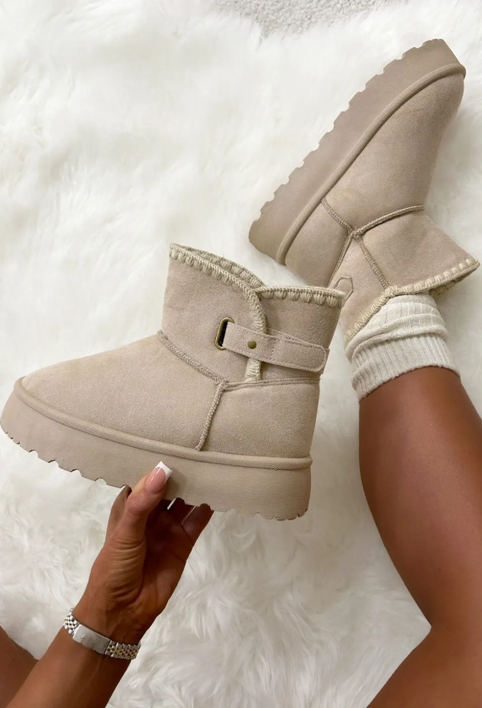 Step On Up Cream Stitch Platform Faux Fur Boots