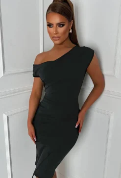 Stunning Sister Black Off Shoulder Ruched Midi Dress