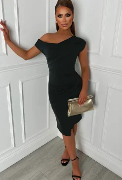 Stunning Sister Black Off Shoulder Ruched Midi Dress