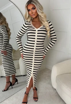 Sugar Rush Beige Striped Knitted Midi Dress