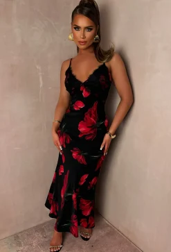 Sultry Siren Black Floral Print Lace Trim Cami Dress