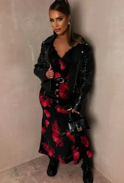 Sultry Siren Black Floral Print Lace Trim Cami Dress