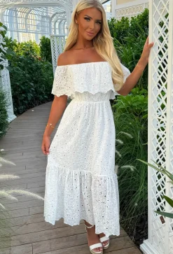 Summer Affair White Bardot Broderie Anglaise Maxi Dress