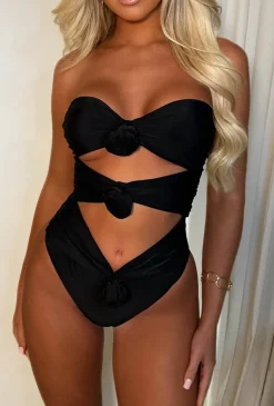 Summer Corsage Black Flower Embellished Cut Out Swimsuit