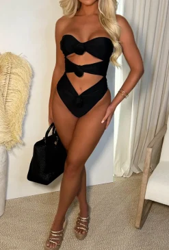Summer Corsage Black Flower Embellished Cut Out Swimsuit